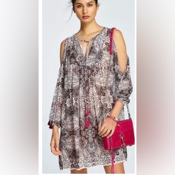 Rebecca Minkoff Womens Long Sleeve Cold Shoulder Floral Dress Red - Picture 2 of 11